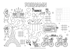Gratis färgläggning Magiska målarbilder Barnaktiviteter Punkter att koppla ihop Frankrike Eiffeltornet Triumfbågen Paris Labyrint Monument Utskrivbar bordsduk Siffror att koppla ihop