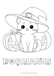 Färgläggningssida att anpassa Pumpa Söt Katt Söt Jack O'Lantern Hatt Hundar och katter