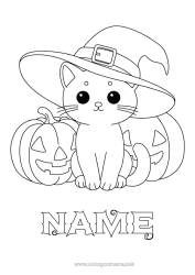 Free coloring Pumpkin Cute Cat Kawaii Jack O'Lantern Hat Dog and cat