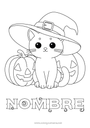 Colorear gratis Calabaza Lindo Cat Kawaii Jack O'Lantern Sombrero Perros y gatos