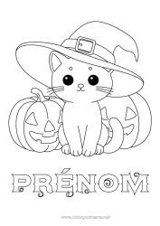 Coloriage gratuit Citrouille Mignon Chat Kawaii Jack O'Lantern Chapeau Chiens et chats