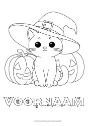 Kleurplaat aanpassen Pompoen Schattig Kat Kawaii Jack O'Lantern Hoed Honden en katten