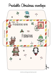 Gratis farvelægning Bjørn Snemand Kawaii Dyr Kuvert Skovens dyr Hjort Trykt kuvert Julefejls rejse Julekuvert Kuvert til julemandens nissepost