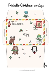 Colouring to customise Bear Winter Snowman Christmas Elves Christmas Cute Animal Envelope Forest animals Deer Print envelope Mischievous Elf's Journey Christmas envelope Envelope for the Christmas Trickster Elf's Mail