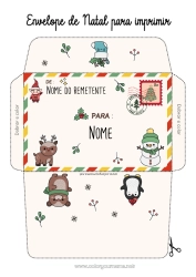 Desenho para personalizar Urso Boneco de neve Kawaii Animal Envelope Animais da floresta Veado Envelope para imprimir Viagem do Elfo de Natal Envelope de Natal Envelope para correspondência do elfo de Natal