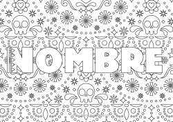 Colorear para personalizar Esqueleto Día de los Muertos Nombre decorado México Fondo decorativo