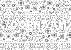 Gratis kleurplaat Skelet Dia de los Muertos Gedecoreerde naam Mexico Decoratieve achtergrond