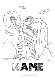 Free drawing Bat Monster Mummy Halloween Moon Flying birds and mammals