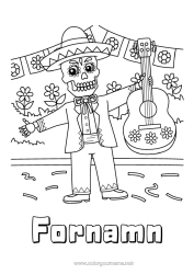 Färgläggningssida att anpassa Skelett De dödas dag Musik Mexiko Musikens dag Gitarr Musikinstrumenter