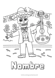 Colorear gratis Esqueleto Día de los Muertos Música México Día Mundial de la Música Guitarra Instrumentos de música