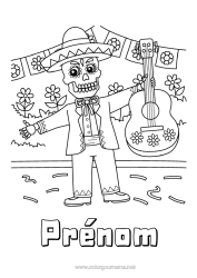 Coloriage gratuit Squelette Día de los Muertos Musique Mexique Fête de la musique Guitare Instruments de musique