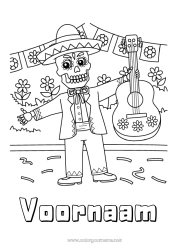 Gratis kleurplaat Skelet Dia de los Muertos Muziek Mexico Muziekfestival Gitaar Muziekinstrumenten