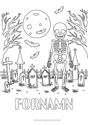 Gratis färgläggning Fladdermus Kyrkogård Skelett Halloween Måne Fåglar och flygande däggdjur