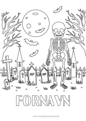 Gratis fargelegging Flaggermus Kirkegård Skjelett Halloween Måne Fugler og flygende pattedyr