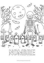Colorear gratis Murciélago Cementerio Esqueleto Halloween Luna Aves y mamíferos voladores