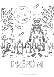 Dessin gratuit Chauve-souris Cimetière Squelette Halloween Lune Oiseaux et mammifères volants