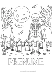 Pagină de colorat gratuită Liliac Cimitir Schelet Halloween Lună Păsări și mamifere zburătoare