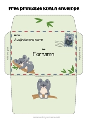 Gratis färgläggning Djur Koala Kuvert Australien Andra djur i världen Utskriftskuvert Julälvens resa Kuvert för tomtens post