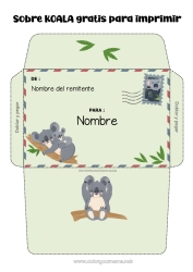 Colorear gratis Animales Koala Sobre Australia Otros animales del mundo Sobre para imprimir Viaje del duende navideño Sobre para el correo del elfo de Navidad