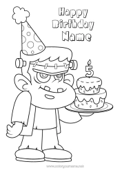 Colouring to customise Monster Cake Halloween Birthday Hat Happy Birthday Message Customisable Age Celebrated Frankenstein
