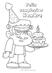 Colorear gratis Monstruo Tarta Halloween Cumpleaños Sombrero Mensaje de feliz cumpleaños (inglés) Edad personalizable Frankenstein