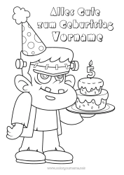 Kostenlose Malvorlage Monster Kuchen Halloween Geburtstag Hut Alles Gute zum Geburtstag (Französisch) Nachricht Angepasstes Geburtstagsalter Frankenstein