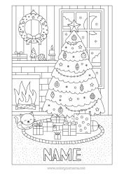 Colouring to customise Cat Winter Gifts Christmas Decorations Chimney Christmas Wreath Dogs And Cats Fir Tree