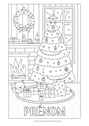 Dessin gratuit Chat Hiver Cadeaux Décorations de Noël Cheminée Couronne de Noël Chiens et chats Sapin