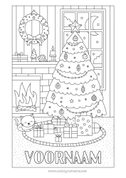 Gratis kleurplaat Kat Winter Cadeaus Kerstversiering Open haard Kerstkrans Honden en katten Kerstboom