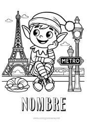 Colorear para personalizar Elfos de navidad Dibujos de Elfos para colorear Francia Croissant Paris Viaje del duende navideño
