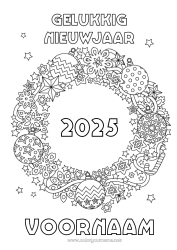 Kleurplaat aanpassen Feest Kerstversiering Gelukkig Nieuwjaar Kerstkrans 2025 Nieuwjaarsboodschap Aanpasbaar jaar