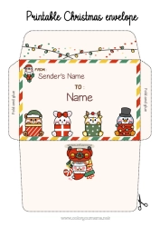 Free drawing Kawaii Mouse Penguin Animal Teddy Bear Envelope Flying birds and mammals Forest animals Envelope to print Christmas Envelope