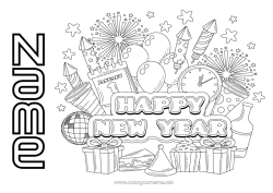 Free colouring Happy New Year Firework Champagne