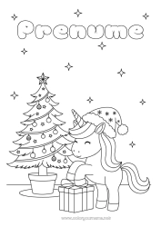Pagină de colorat gratuită Cadouri Brad de Crăciun Crăciun Unicornă Animal Dragoni, unicorni și animale fantastice Căciulă de Crăciun