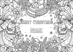 Free coloring Gifts Christmas Bell Holly Complex coloring pages “Merry Christmas” message Frame Decorative background