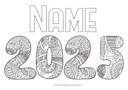 Free colouring Happy New Year Zentangle 2025