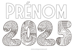 Coloriage gratuit Bonne année Zentangle 2025