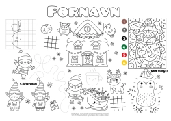 Gratis fargelegging Julenissen Slede Julealver Jul Tall Magiske fargelegginger Barnaktiviteter Punkter å koble sammen Søk og finn Labyrint Symmetri Utskriftsvennlig borddekorasjon Tall å Koble