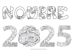 Colorear gratis Feliz año Año Nuevo chino Serpiente Zentangle Reptiles 2025