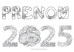 Coloriage gratuit Bonne année Nouvel An chinois Serpent Zentangle Reptiles 2025