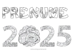 Desen liber de colorat La mulți ani! Anul Nou Chinezesc Șarpe Zentangle Reptile 2025