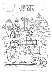 Free colouring Snow Gifts Sledge Christmas Snowflakes Fir tree