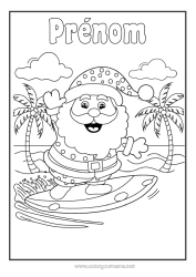 Coloriage gratuit Sport Père Noël Palmier Surf Sports nautiques