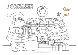 Färgläggningssida att anpassa Gåvor Julgran Jultomten Fläkt Eldstad Krona Julstrumpa God Jul!