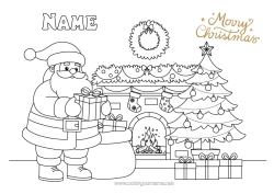 Colouring to customise Gifts Christmas Tree Father Christmas Hood Chimney Crown Christmas Stocking "Merry Christmas" Message