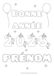 Coloriage gratuit Kawaii Licorne Bonne année Animal Dragons, licornes et animaux fantastiques 2025 Message 