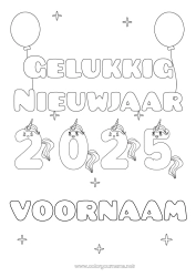 Gratis kleurplaat Kawaii Eenhoorn Gelukkig Nieuwjaar Dier Draken, eenhoorns en fantastische dieren 2025 Nieuwjaarsboodschap
