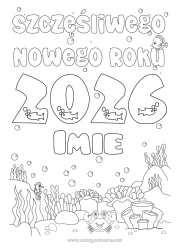 Kolorowanka do personalizacji Morze Szczęśliwego Nowego Roku! Ryba Hippokamp. Krab Zwierzęta morskie lub wodne 2025 Wiadomość 