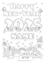 Free drawing Sea Happy new year Fish Seahorse Crab Marine or aquatic animals 2025 