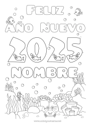 Colorear gratis Mar Feliz año Pescado Caballo de mar Cangrejo Animales marinos o acuáticos 2025 Mensaje 